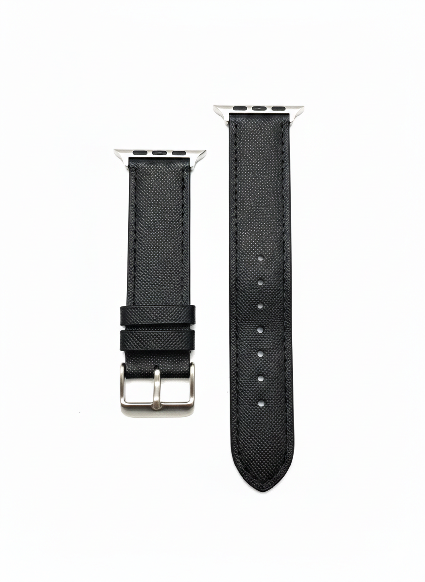 Premium Black Saffiano Leather Apple Watch Band – Scratch-Resistant Designer Strap