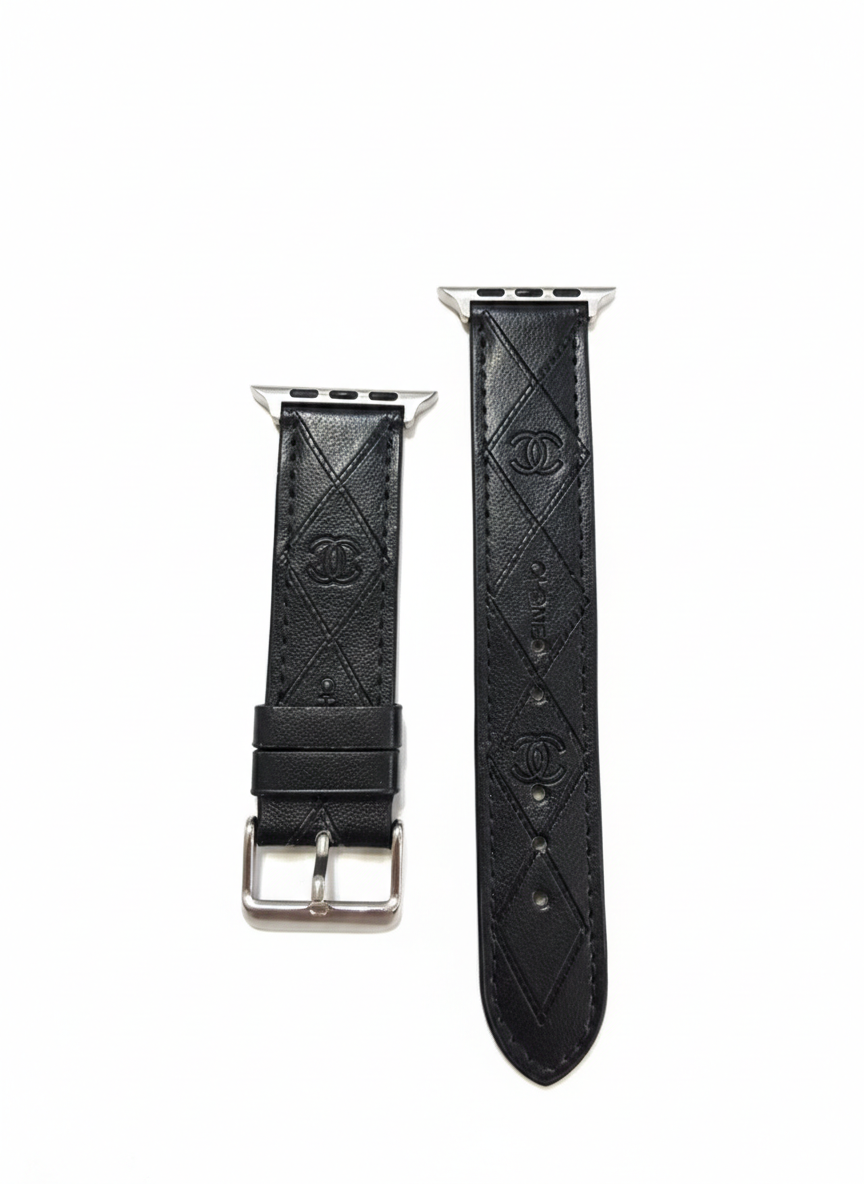 Premium Quilted Black Leather Watch Band | Elegant Double-C Embossed Strap for Apple Watch