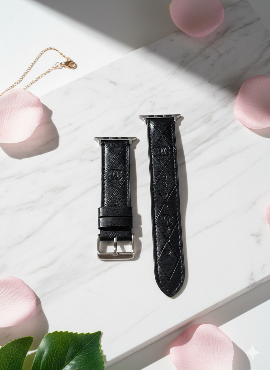 Premium Quilted Black Leather Watch Band | Elegant Double-C Embossed Strap for Apple Watch