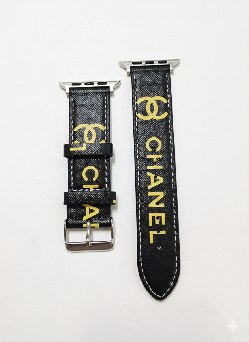 Premium Leather Designer Motif Watch Strap for Apple Watch – Black/Gold