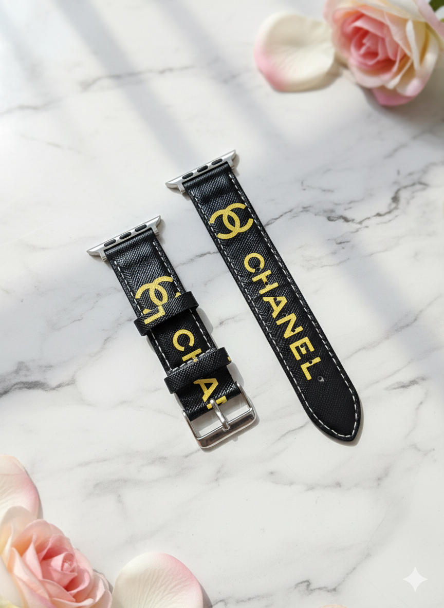 Premium Leather Designer Motif Watch Strap for Apple Watch – Black/Gold