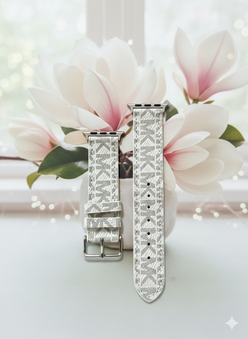 MK Signature Monogram Apple Watch Band – Vanilla/White ✨