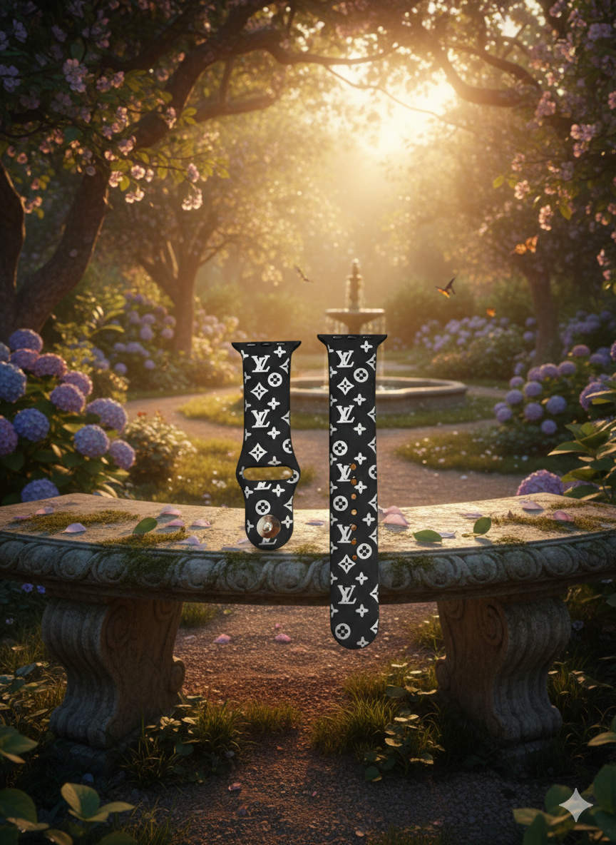 Lv Designer Style Silicone Sport Band for Apple Watch – Black & Silver Monogram