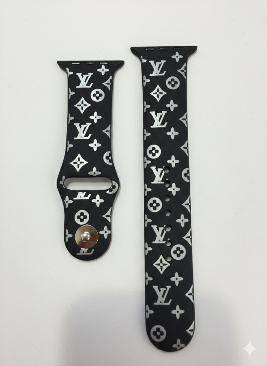 Lv Designer Style Silicone Sport Band for Apple Watch – Black & Silver Monogram