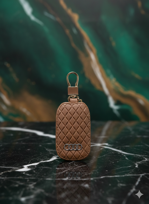 Audi Diamond-Quilted Leather Key Fob Cover – Tan/Brown with Chrome Logo