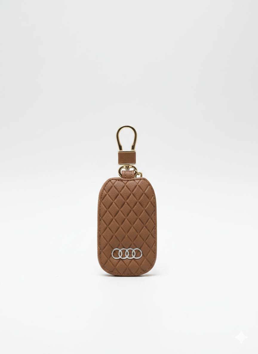 Audi Diamond-Quilted Leather Key Fob Cover – Tan/Brown with Chrome Logo