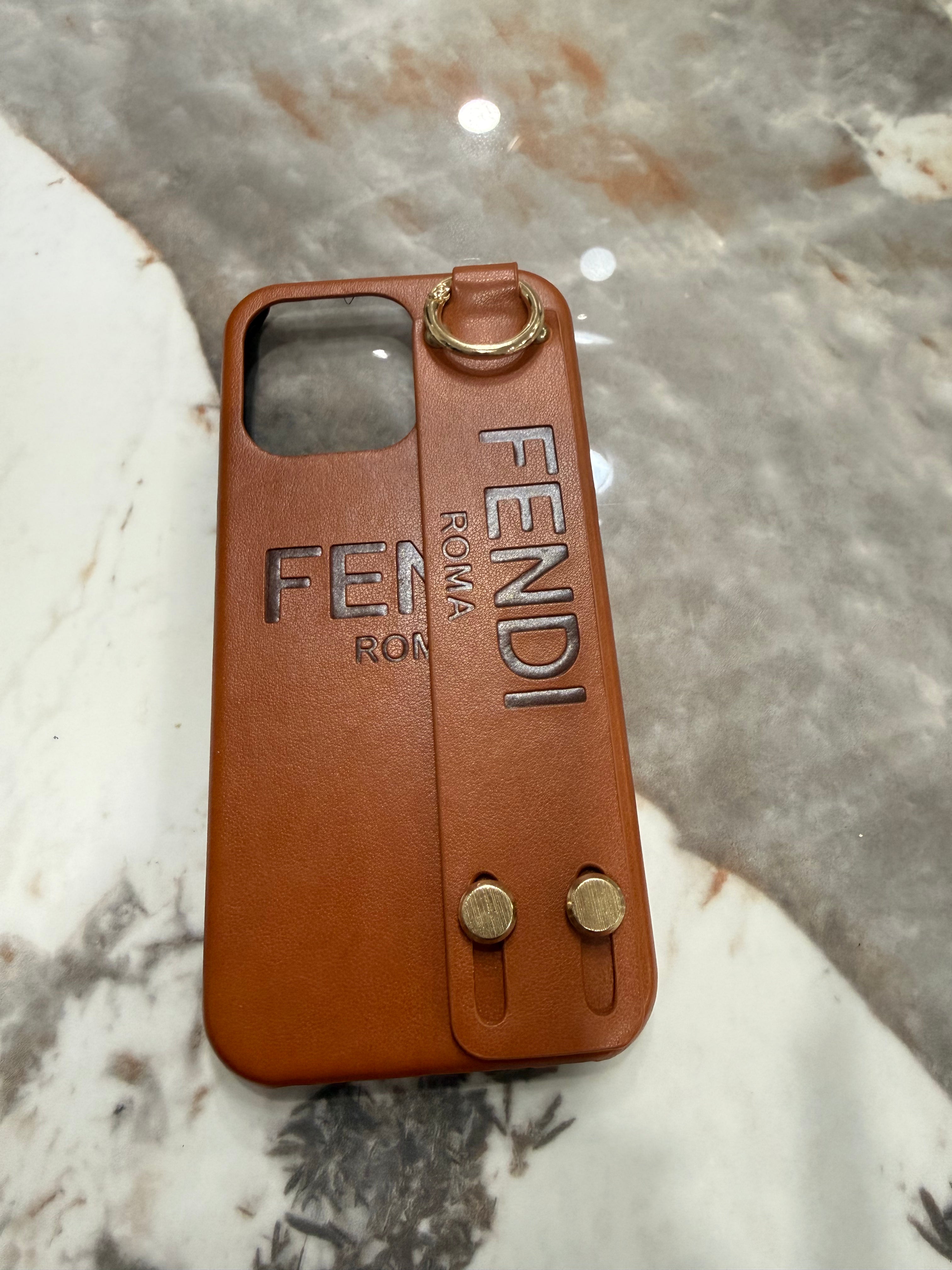 Fendi Cognac Leather iPhone Case with Hand Strap