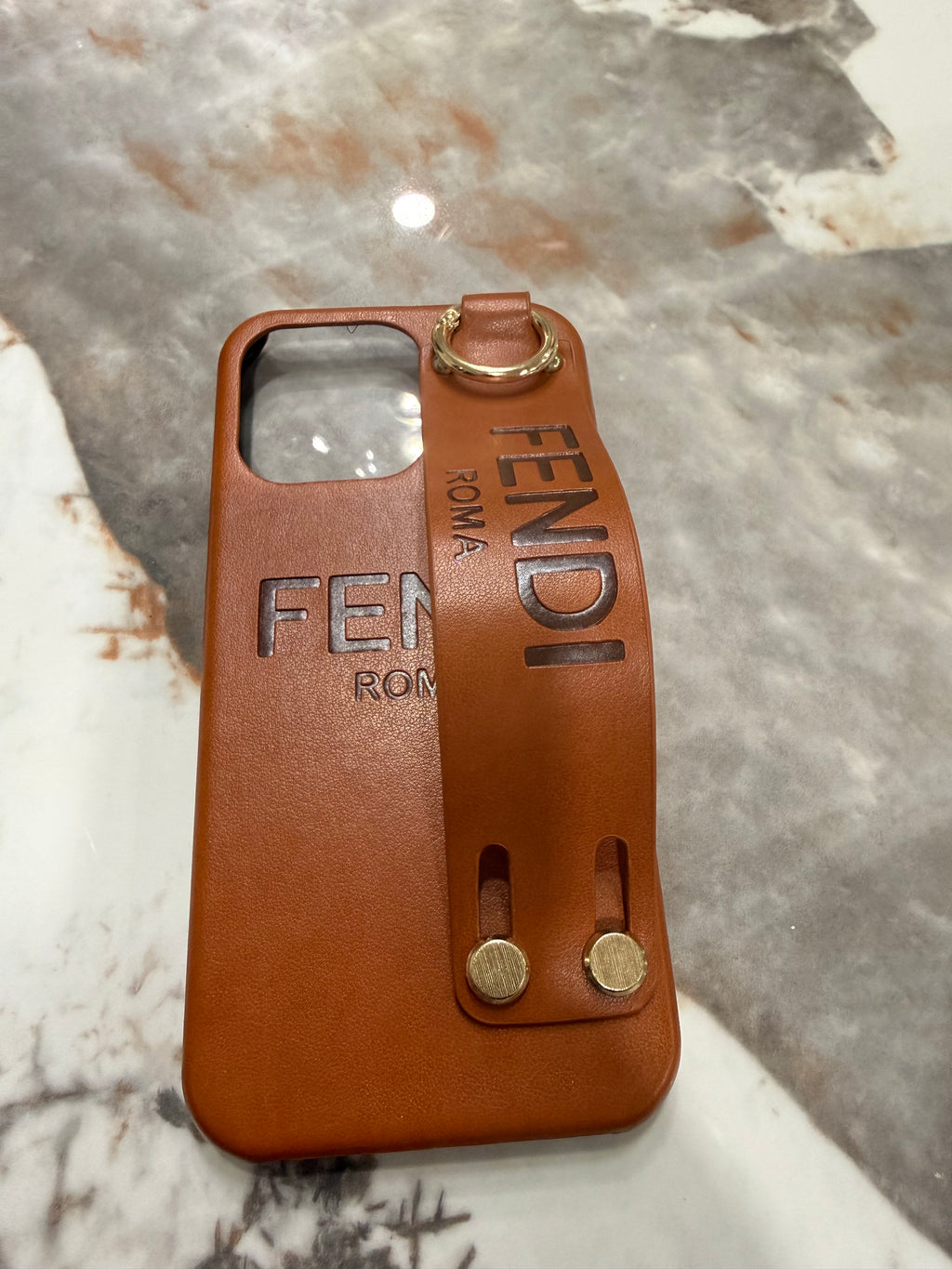 Fendi Cognac Leather iPhone Case with Hand Strap