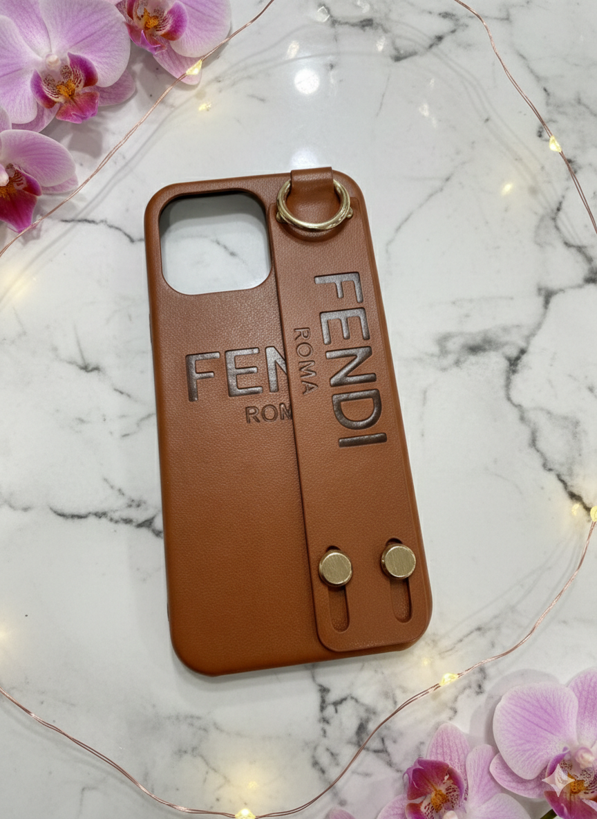 Fendi Cognac Leather iPhone Case with Hand Strap