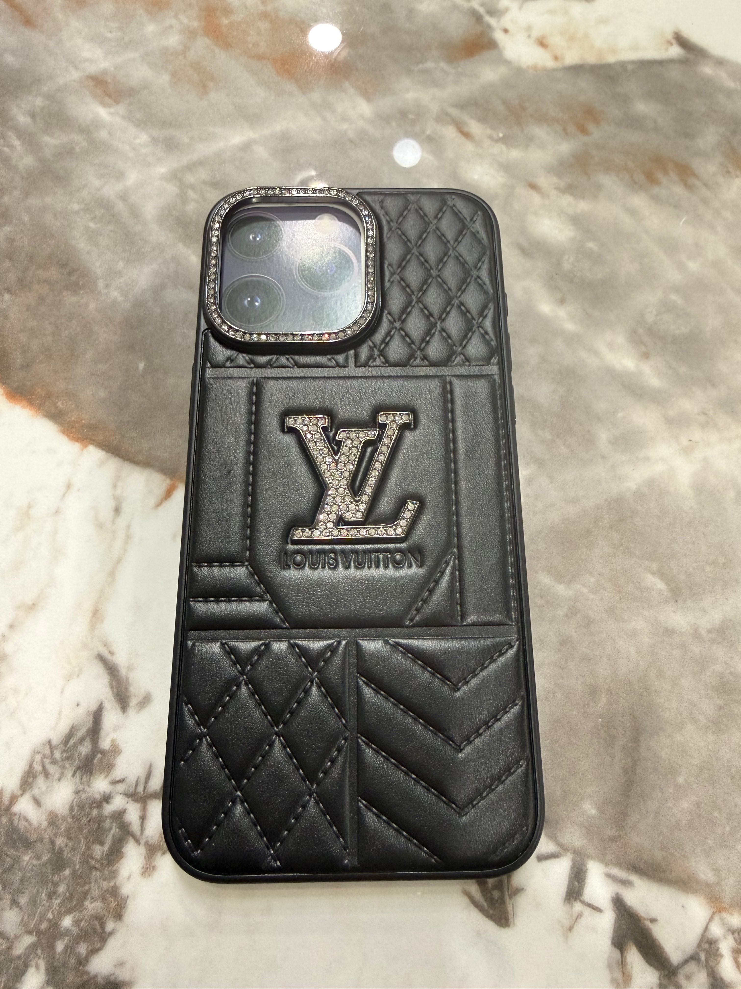 Lv Luxury Quilted Black Leather iPhone Case with Crystal Logo