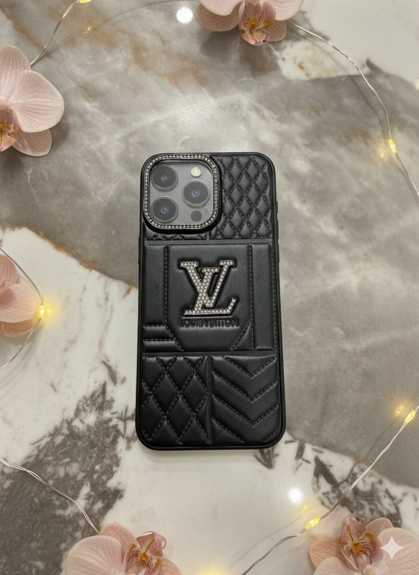 Lv Luxury Quilted Black Leather iPhone Case with Crystal Logo