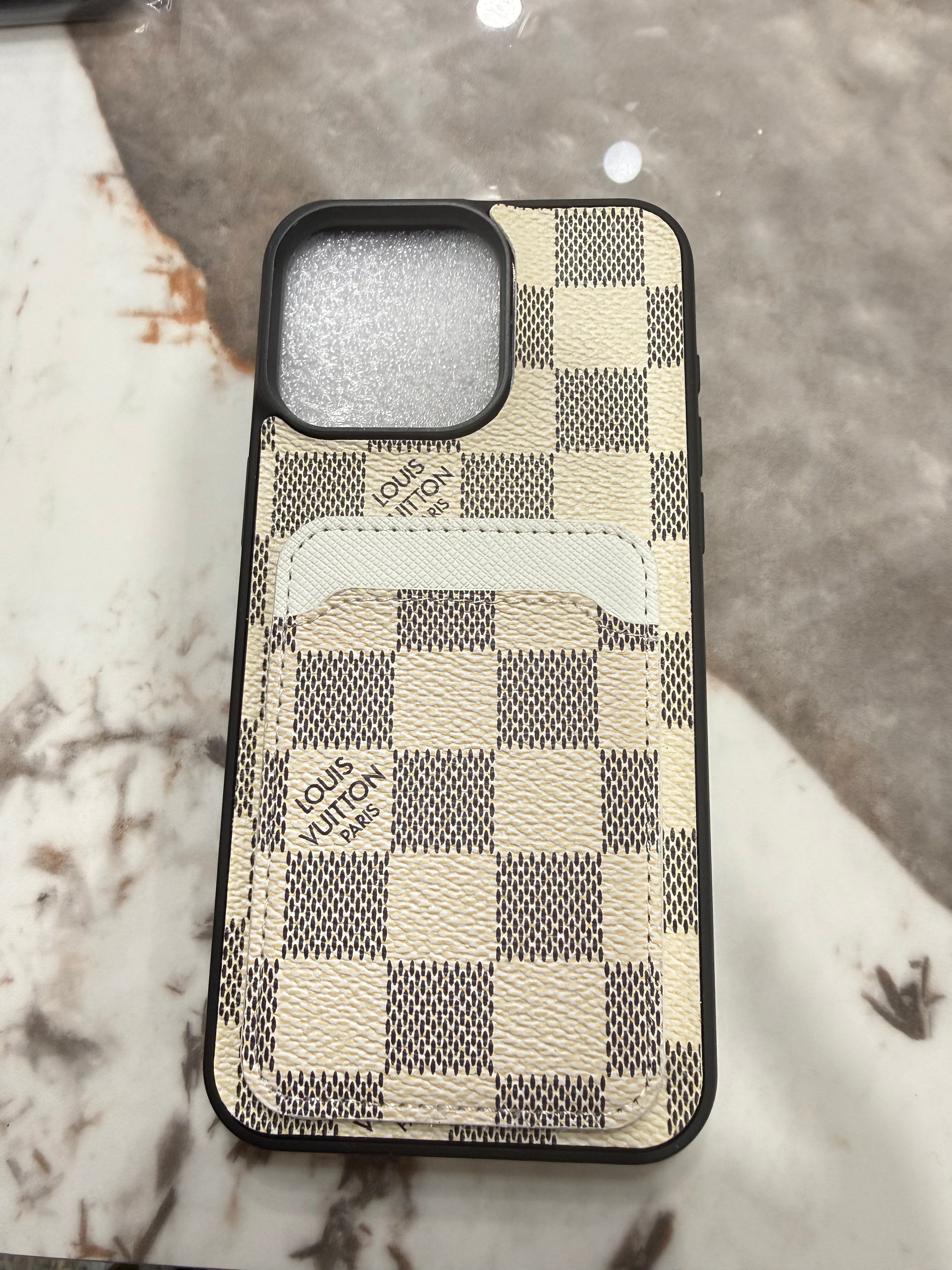 Lv Luxe Cream Checkered iPhone Case with Integrated Card Slot – Sophisticated Utility