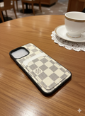 Lv Luxe Cream Checkered iPhone Case with Integrated Card Slot – Sophisticated Utility