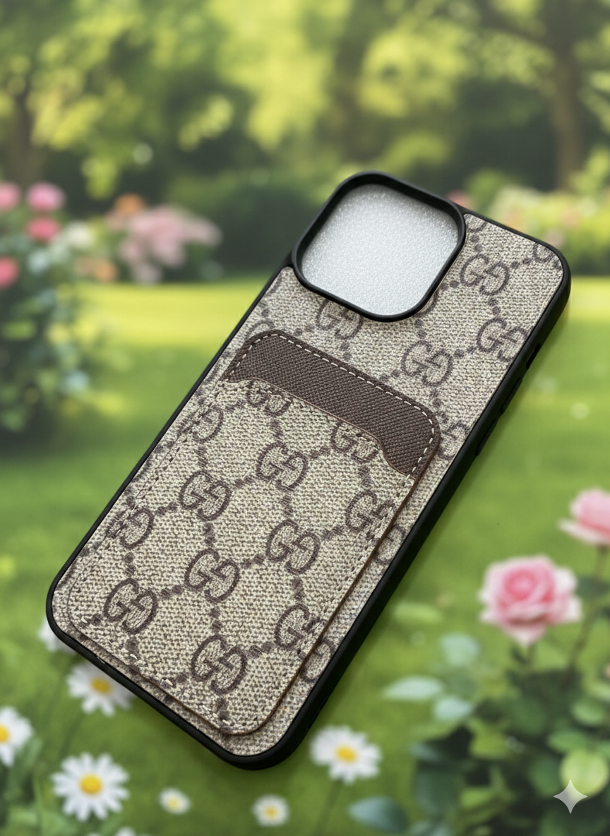 Gg Designer Style Monogram iPhone Case with Integrated Card Wallet – Timeless Elegance