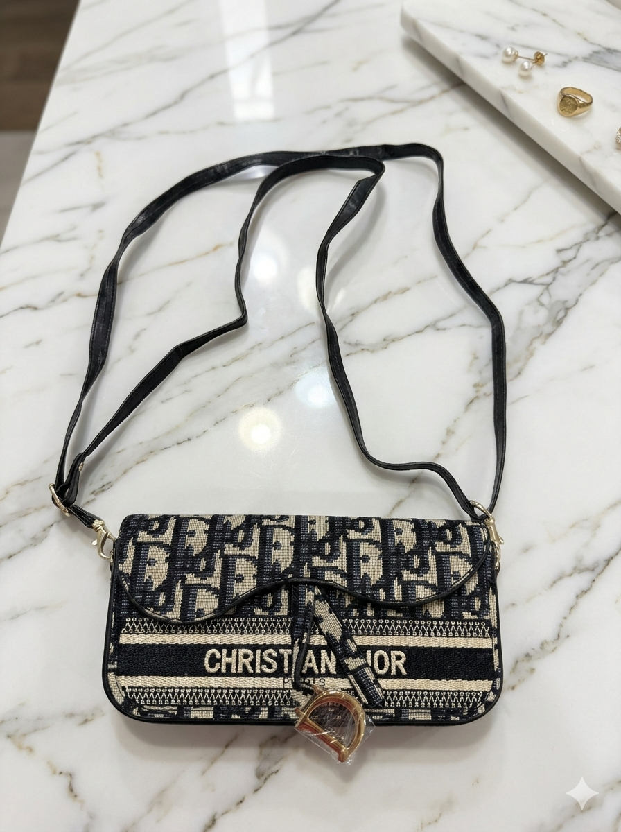 Iconic Oblique Embroidered Crossbody Bag in Navy & Cream