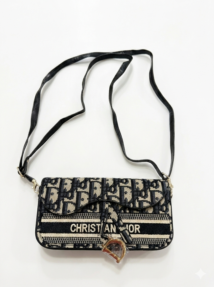 Iconic Oblique Embroidered Crossbody Bag in Navy & Cream