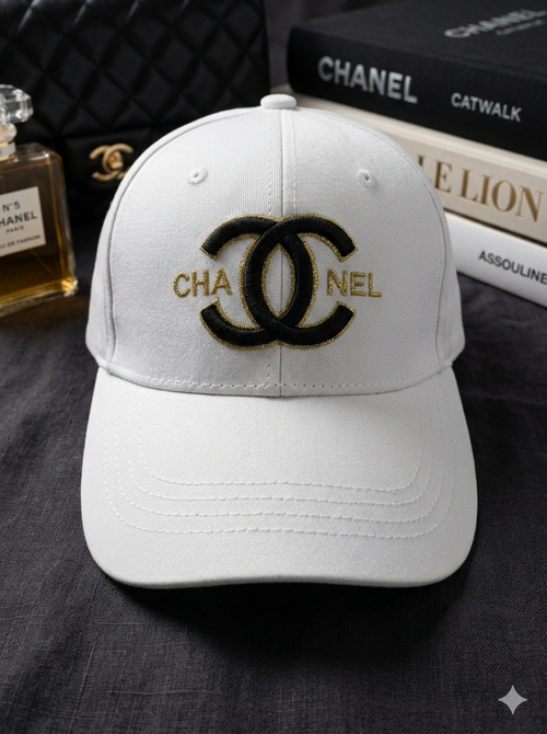 Cc Sleek White Embroidered Baseball Cap - Gold & Black Detail