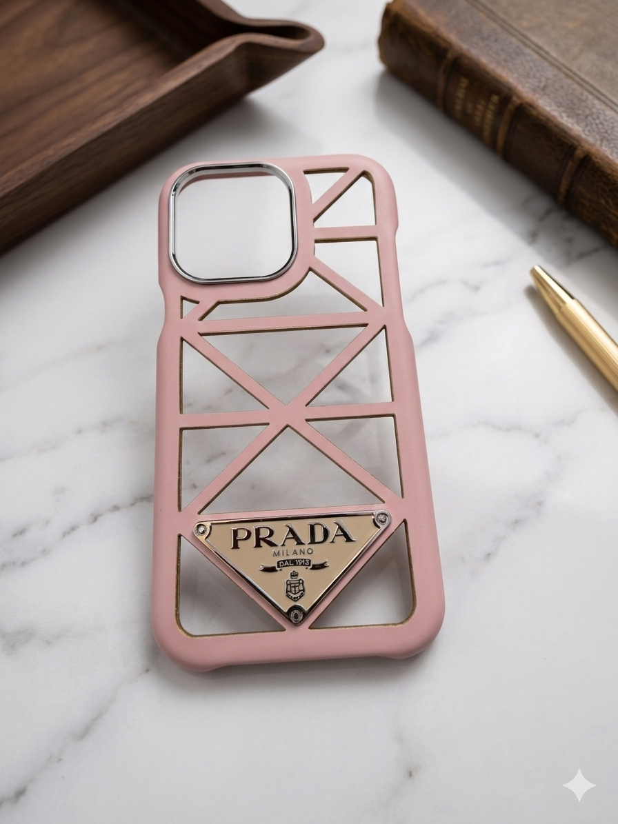 The Geometric Prada Cage Case in Blush Pink.