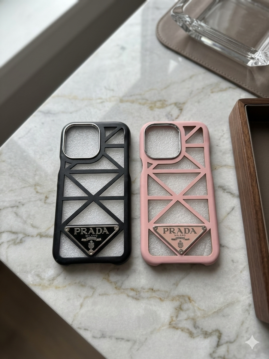 The Geometric Prada Cage Case in Blush Pink.