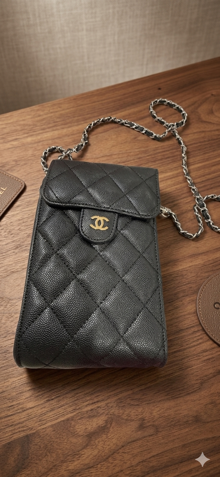 Cc Quilted Lambskin & Caviar Phone Holder with Chain