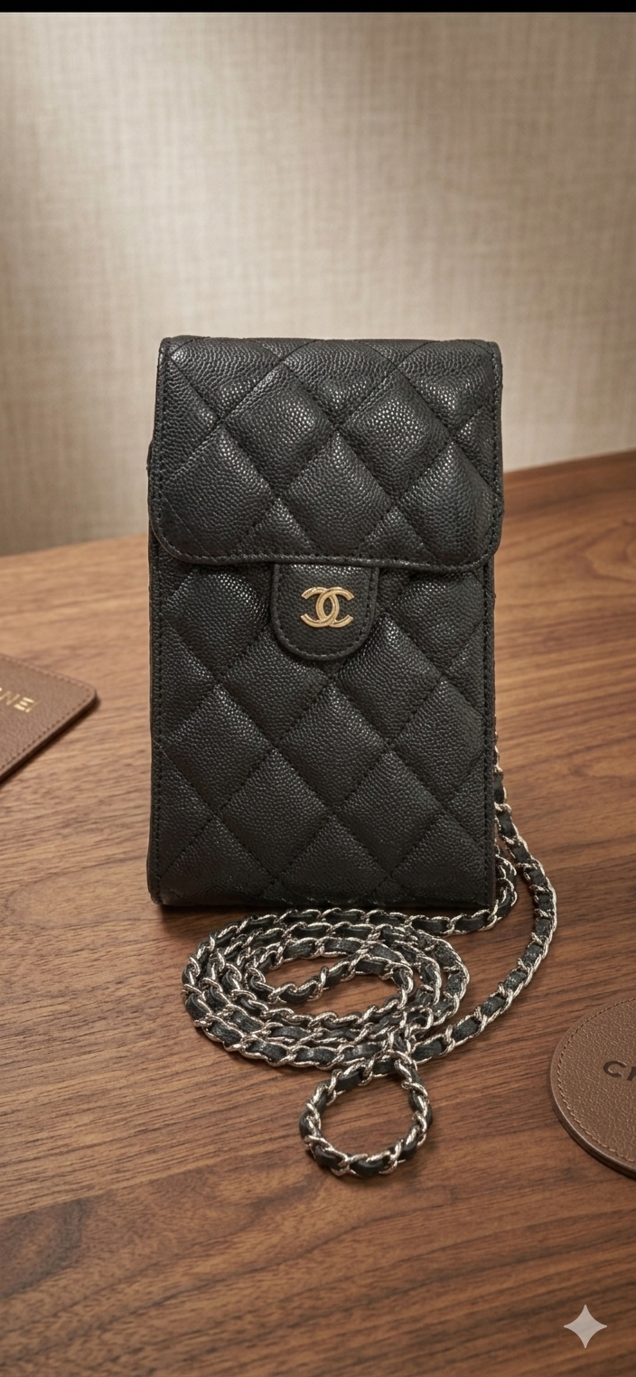 Cc Quilted Lambskin & Caviar Phone Holder with Chain