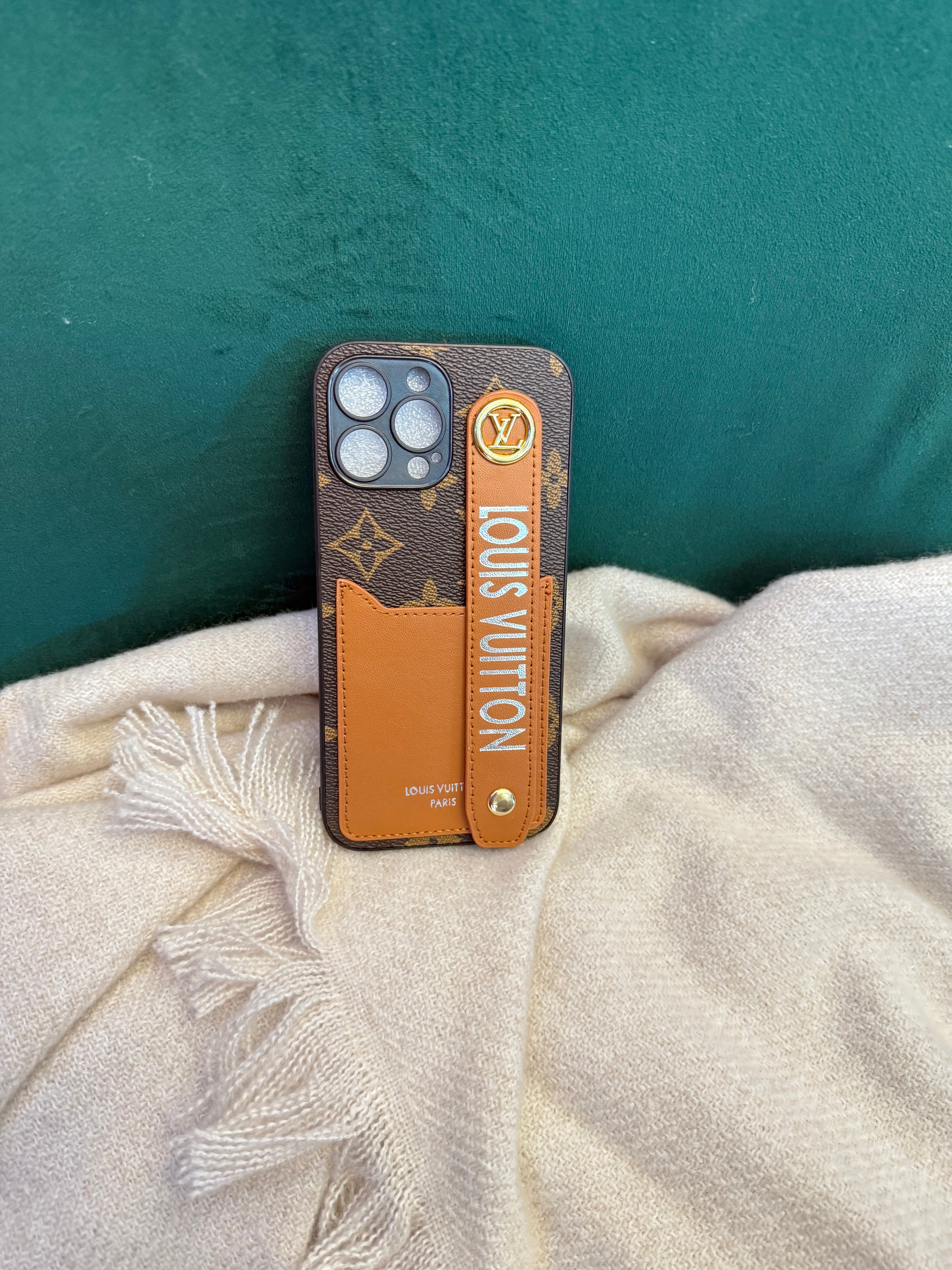 Lv Designer Inspired Monogram Phone Case with Integrated Hand Strap & Card Slot