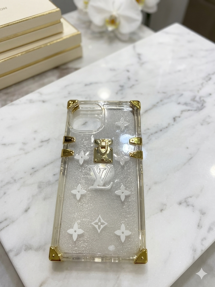 Lv Luxury Trunk-Style Mirror Case with Crossbody Strap – Gold Edition for iPhone 13