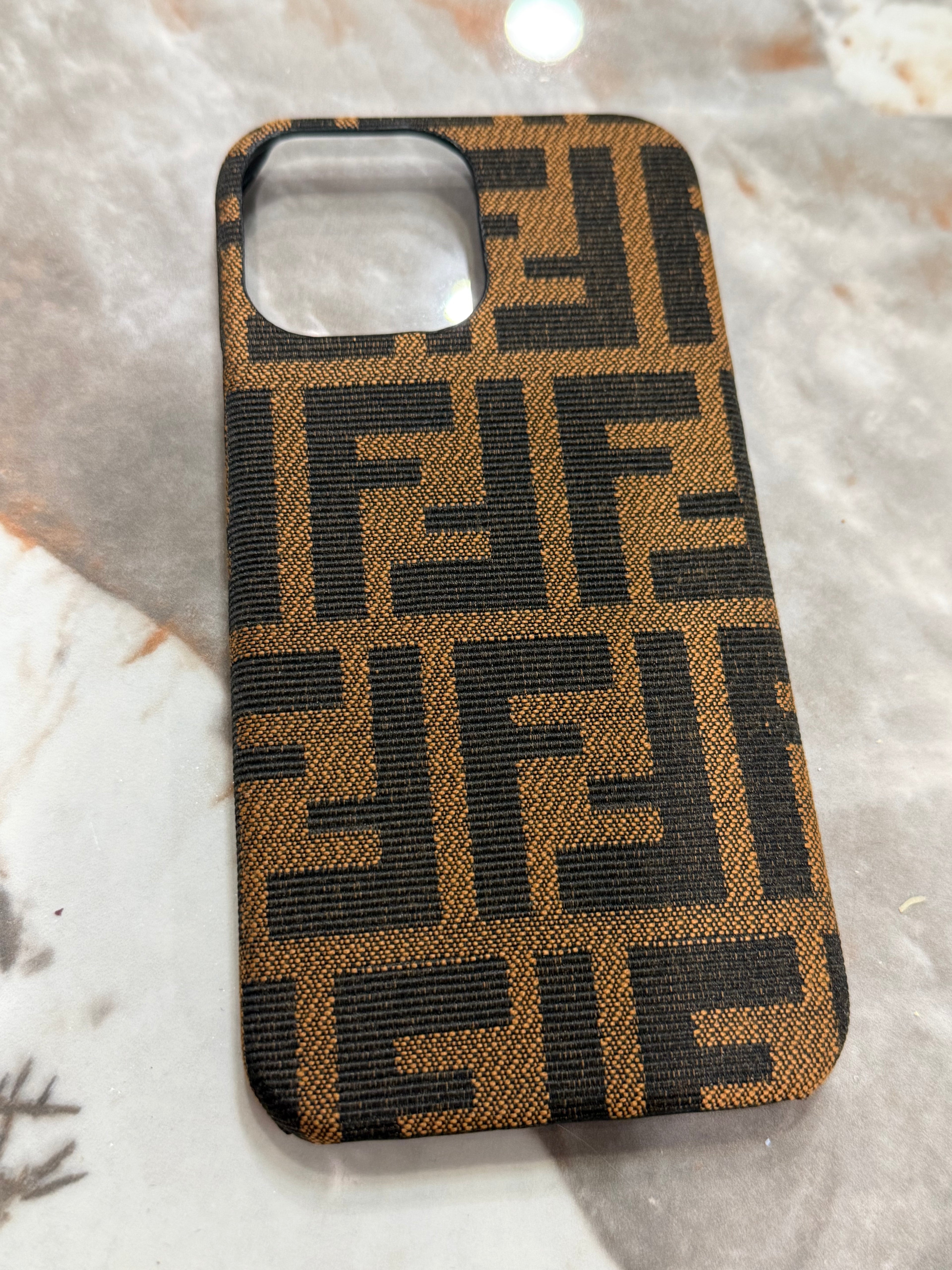 Classic Monogram Jacquard Case – Elegant Tobacco & Black Design