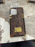 Signature Monogram Trunk Case – Brown & Gold Luxury for iPhone 13 Pro Max