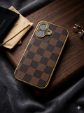 Premium Damier Graphite Style Phone Case with Gold Trim