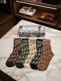 Luxury Monogram Knit Crew Socks Set (5-Pair Bundle with Gift Box)
