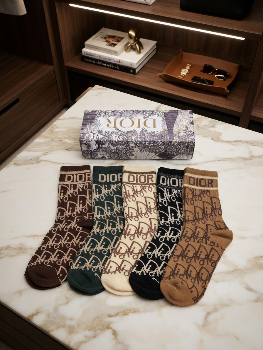 Luxury Monogram Knit Crew Socks Set (5-Pair Bundle with Gift Box)