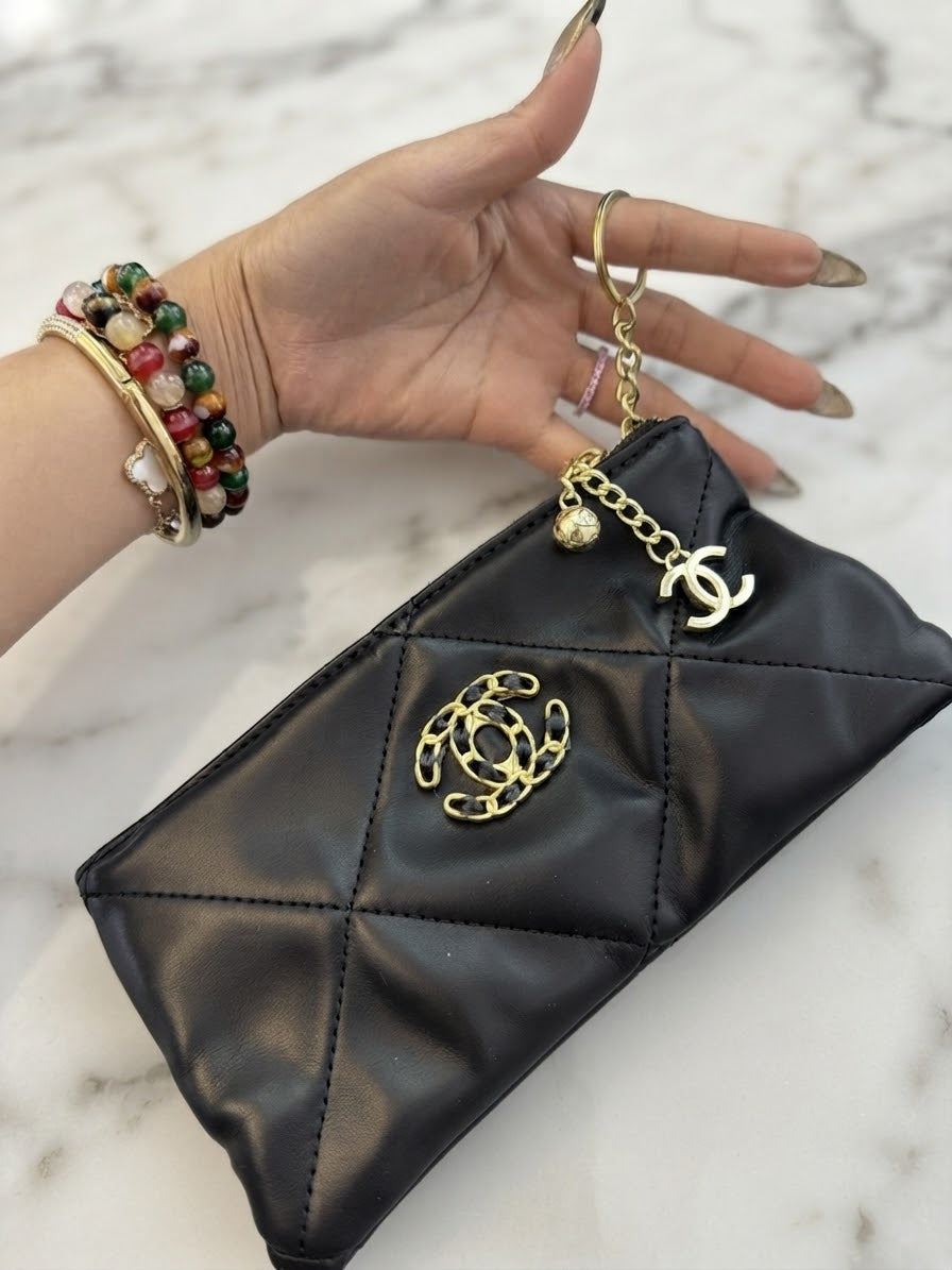Luxurious Quilted Black Pouch & Keychain Wallet