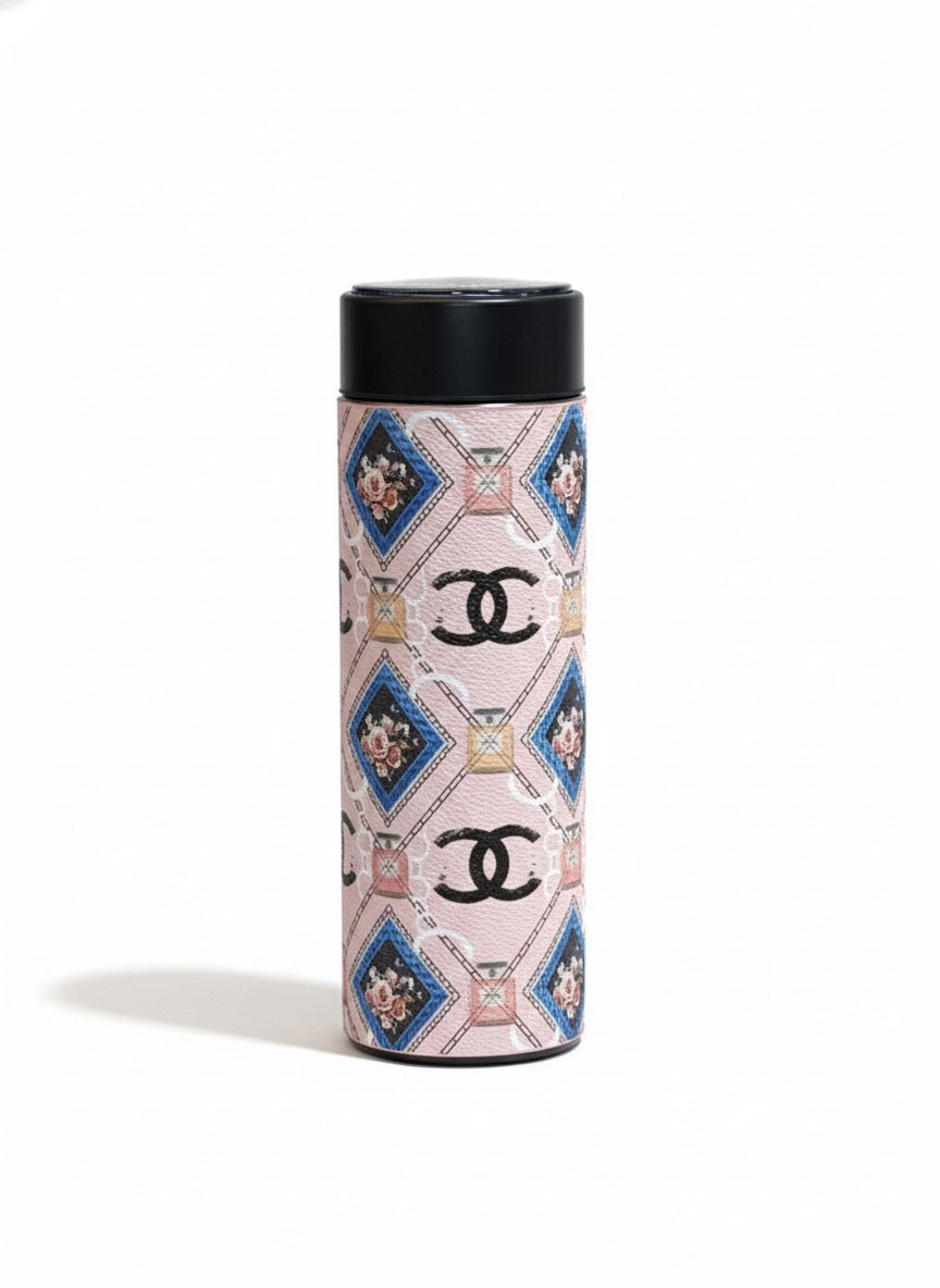 CHANEL Inspired Pink Floral & Quilted Pattern Insulated Travel Flask