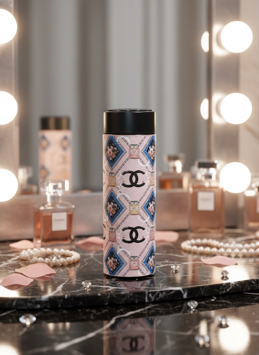 CHANEL Inspired Pink Floral & Quilted Pattern Insulated Travel Flask