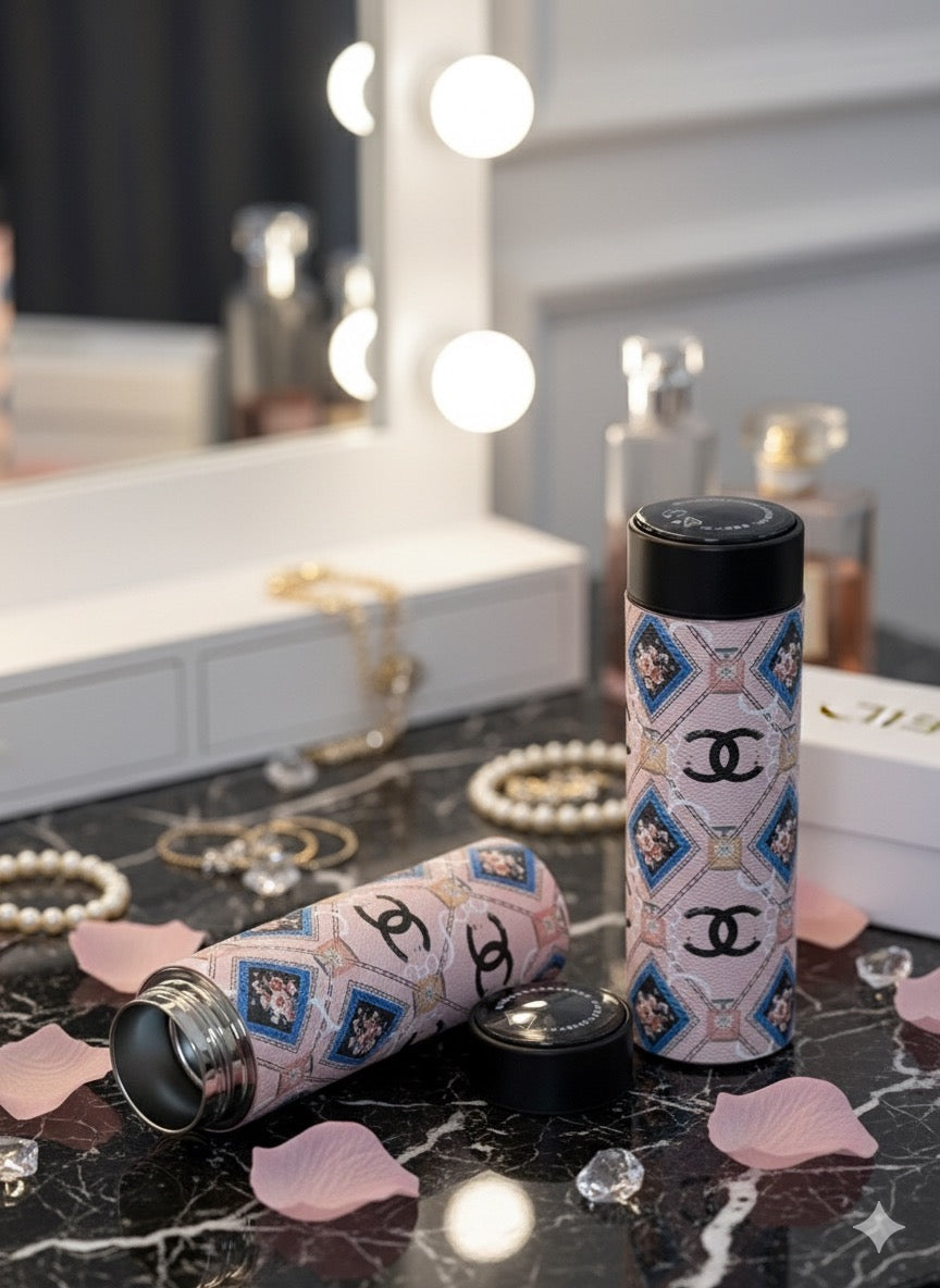CHANEL Inspired Pink Floral & Quilted Pattern Insulated Travel Flask