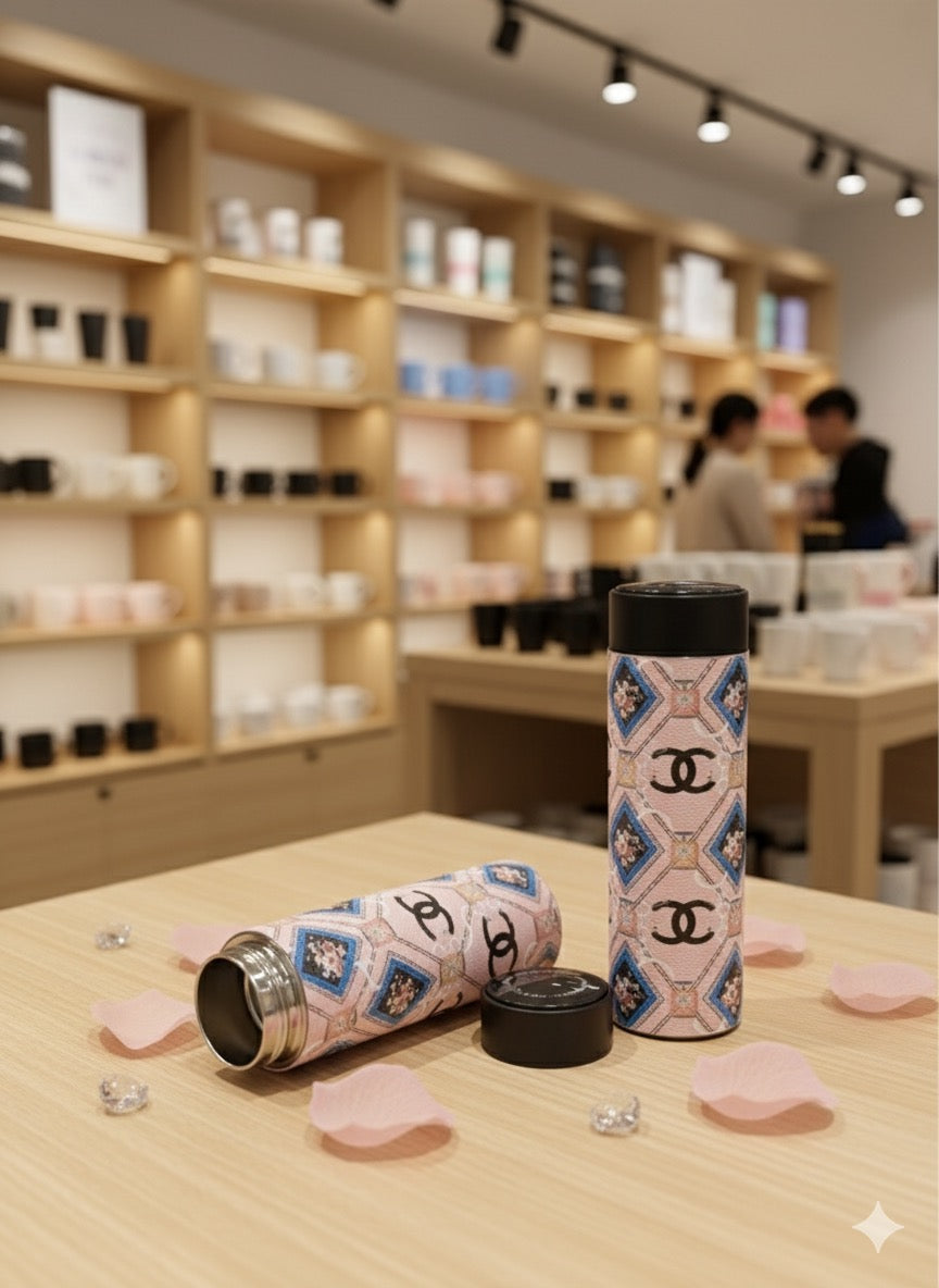 CHANEL Inspired Pink Floral & Quilted Pattern Insulated Travel Flask